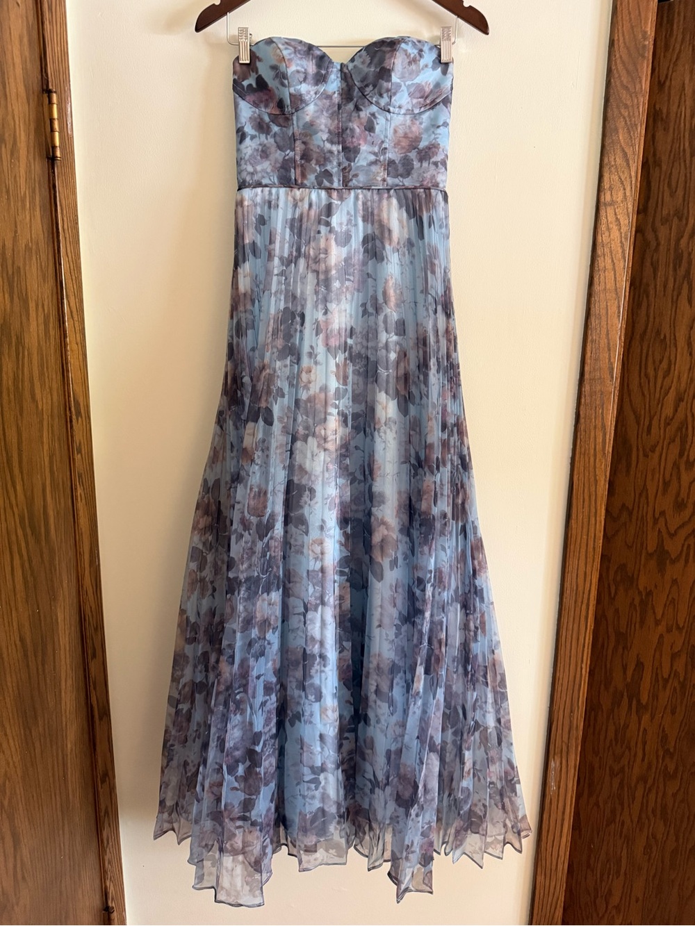 Lulu's Strapless Blue Floral Pleated Organza Gown Most Beautiful Day Maxi Dress - Picture 4 of 11